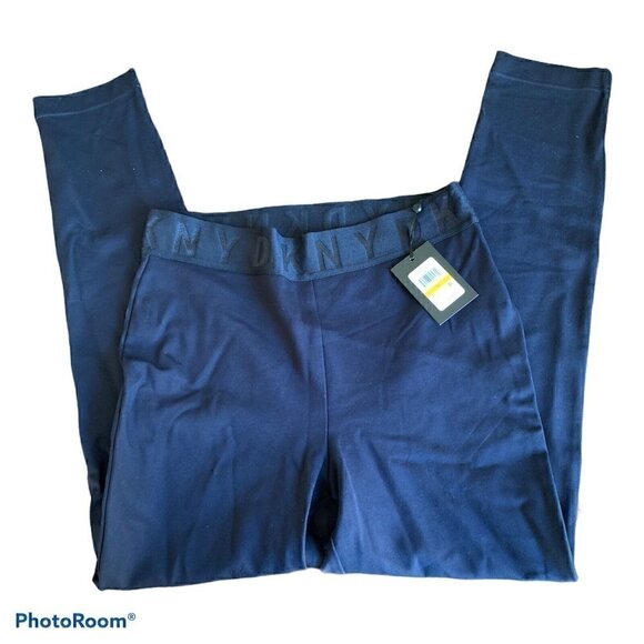 Dkny Logo Waistband Compression Ponte Leggings Size Medium Deep Navy Blue - Picture 2 of 5